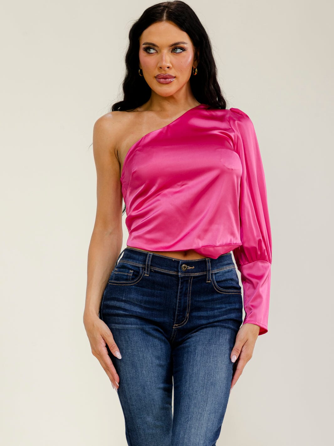 WOMEN'S ONE SHOULDER LONG SLEEVE CROP TOP