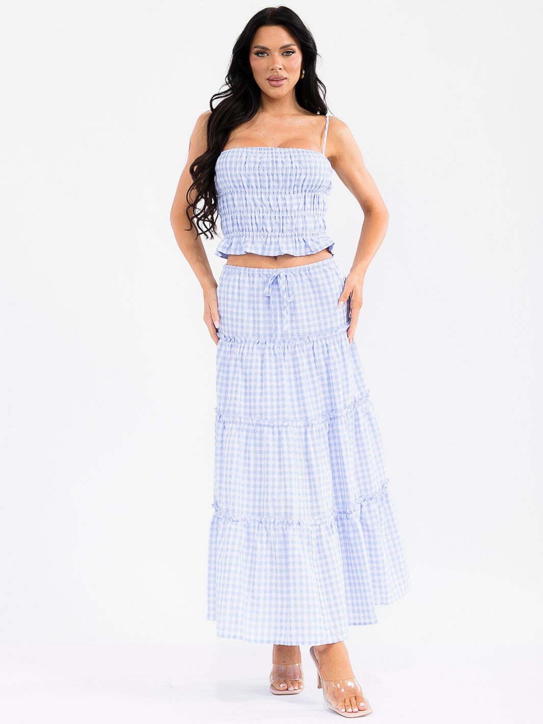 WOMEN'S SMOCK CROP TOP & ELASTIC WAIST MAXI SKIRT TIERED PLAID 2PC. SET