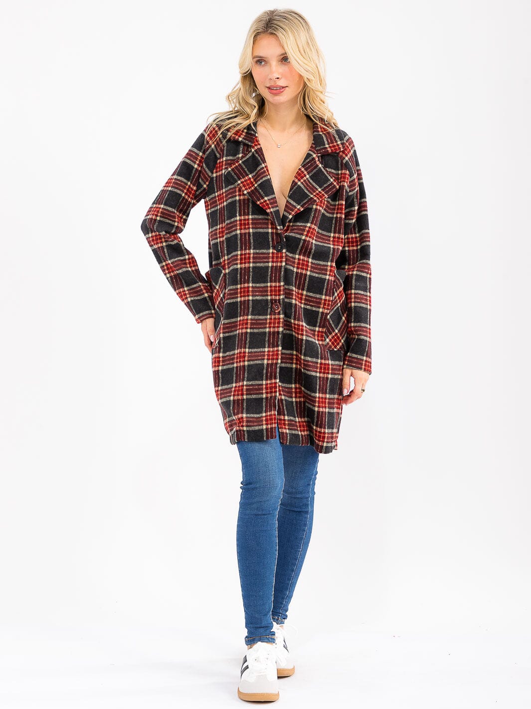 WOMENS LONG SLEEVE BUTTON CLOSURE FRONT POCKETS PLAID COAT