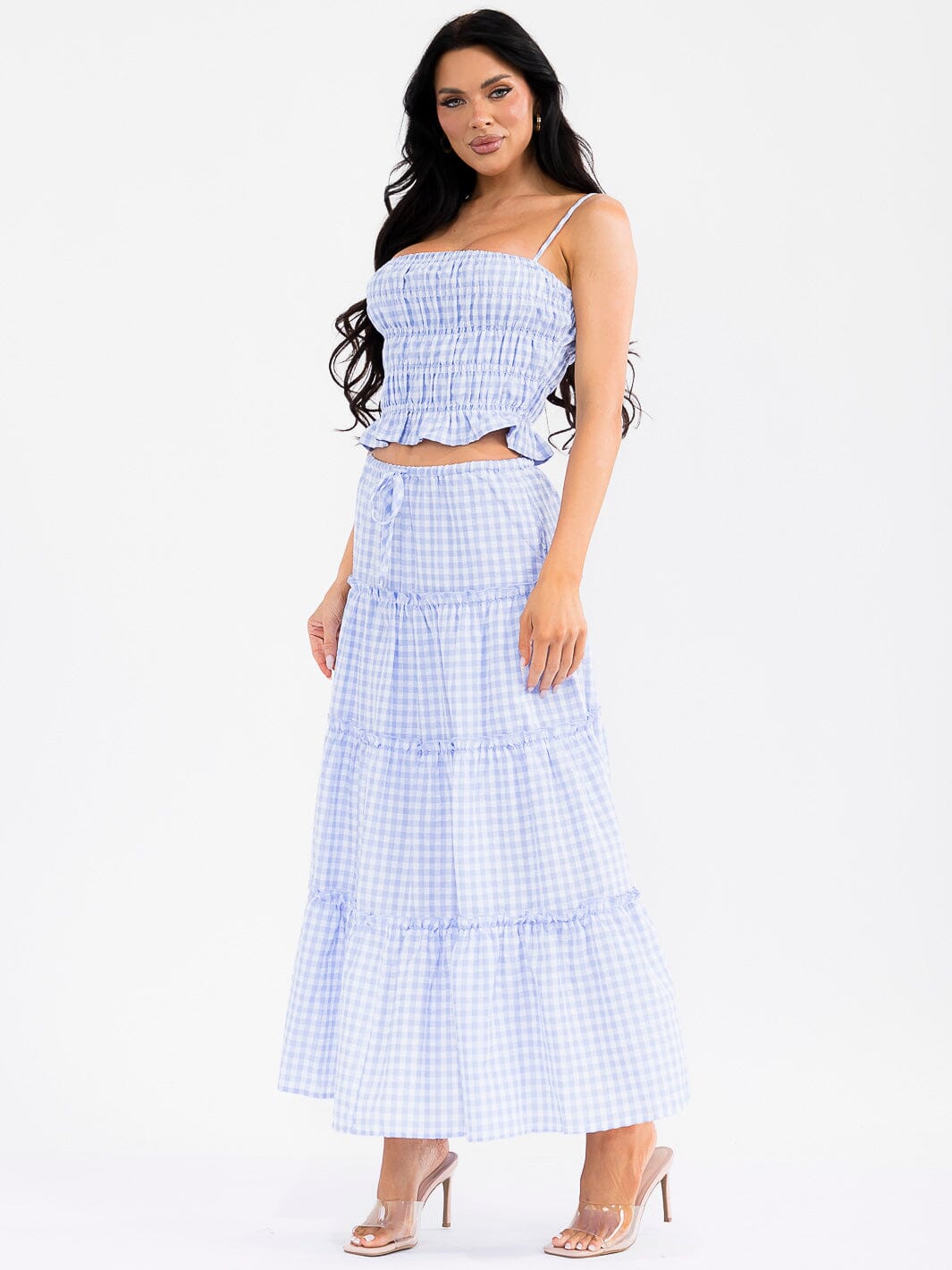 WOMEN'S SMOCK CROP TOP & ELASTIC WAIST MAXI SKIRT TIERED PLAID 2PC. SET