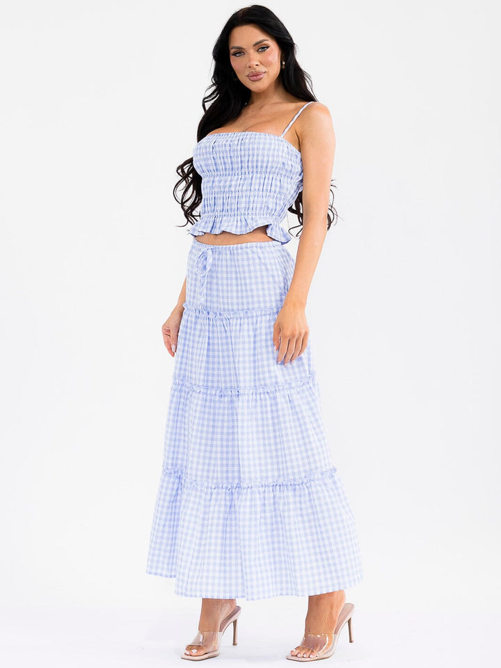 WOMEN'S SMOCK CROP TOP & ELASTIC WAIST MAXI SKIRT TIERED PLAID 2PC. SET