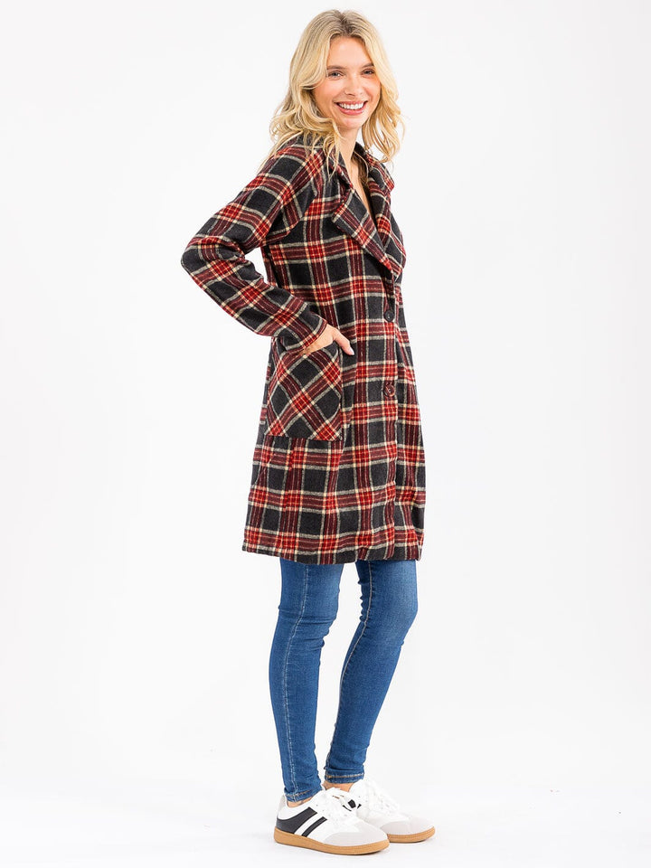 WOMENS LONG SLEEVE BUTTON CLOSURE FRONT POCKETS PLAID COAT