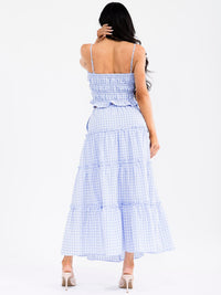 WOMEN'S SMOCK CROP TOP & ELASTIC WAIST MAXI SKIRT TIERED PLAID 2PC. SET