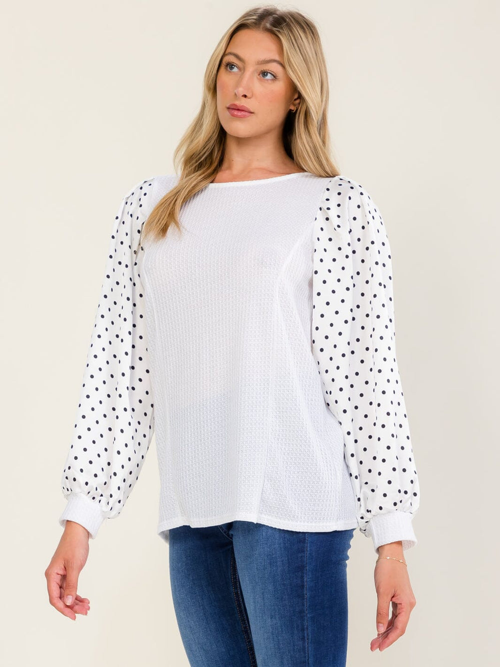 WOMEN'S LONG POLKA DOTS SLEEVE CONTRAST BLOUSE