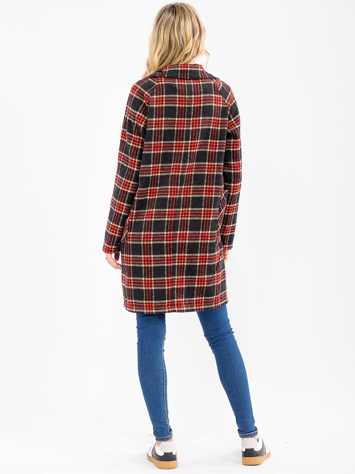 WOMENS LONG SLEEVE BUTTON CLOSURE FRONT POCKETS PLAID COAT
