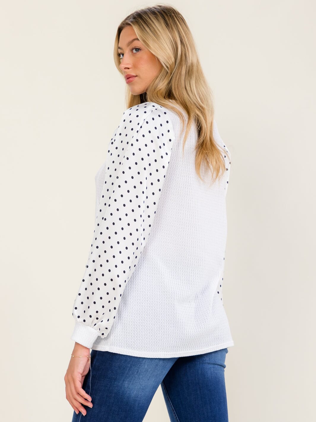 WOMEN'S LONG POLKA DOTS SLEEVE CONTRAST BLOUSE