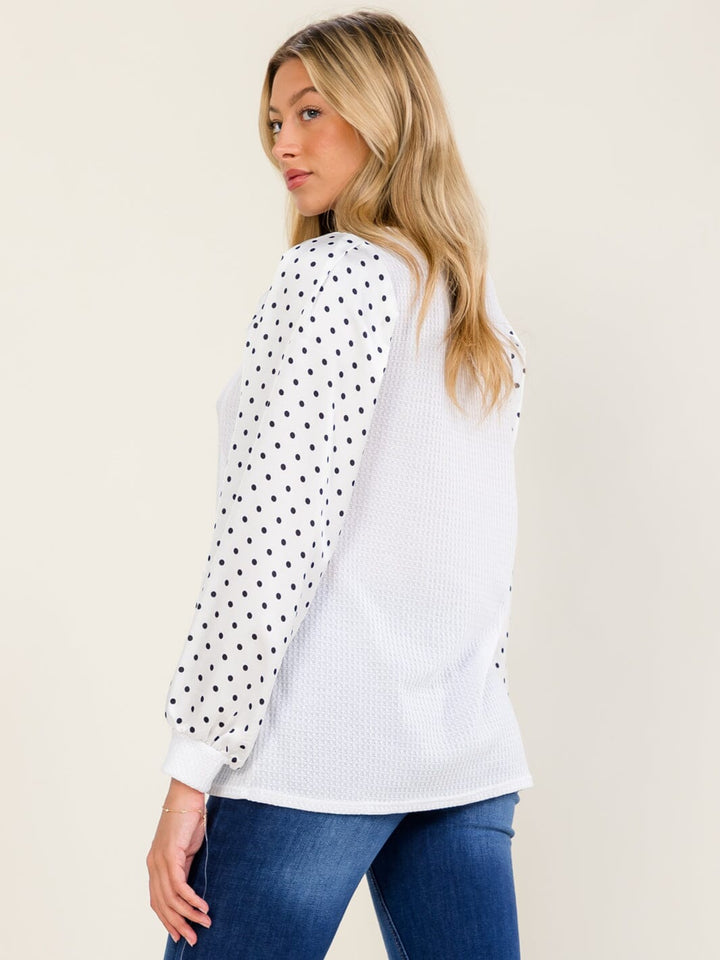 WOMEN'S LONG POLKA DOTS SLEEVE CONTRAST BLOUSE