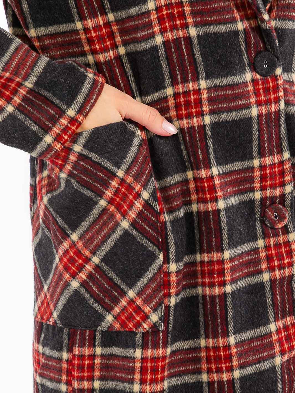 WOMENS LONG SLEEVE BUTTON CLOSURE FRONT POCKETS PLAID COAT
