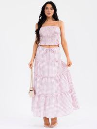 WOMEN'S SMOCK CROP TOP & ELASTIC WAIST MAXI SKIRT TIERED PLAID 2PC. SET