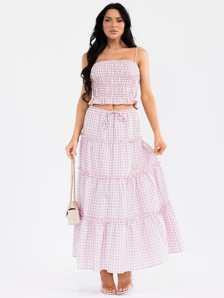 WOMEN'S SMOCK CROP TOP & ELASTIC WAIST MAXI SKIRT TIERED PLAID 2PC. SET