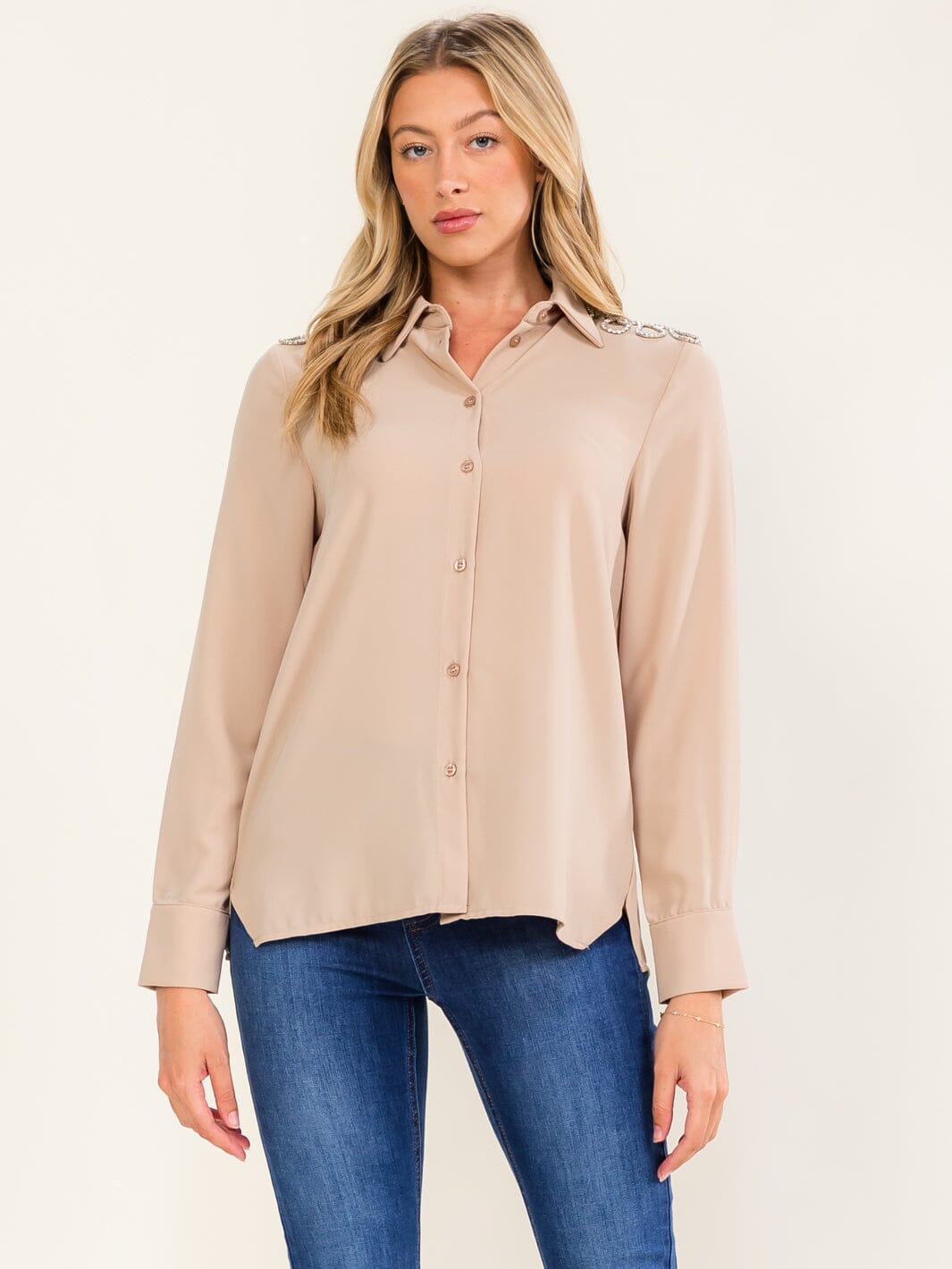 WOMEN'S LONG SLEEVE BUTTON UP STUDS SHOULDER DETAILED BLOUSE