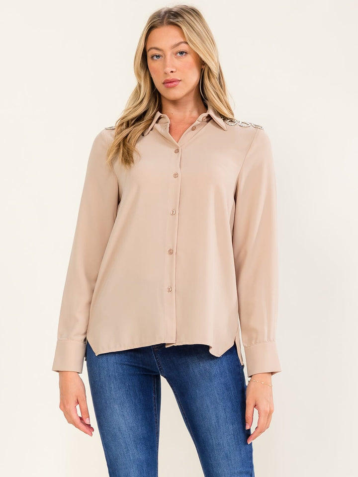 WOMEN'S LONG SLEEVE BUTTON UP STUDS SHOULDER DETAILED BLOUSE