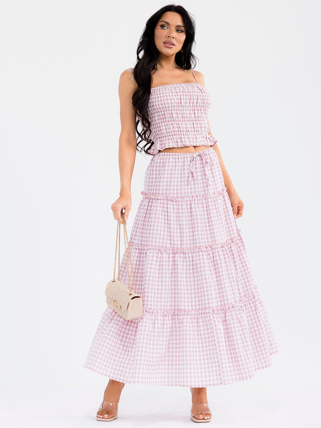 WOMEN'S SMOCK CROP TOP & ELASTIC WAIST MAXI SKIRT TIERED PLAID 2PC. SET