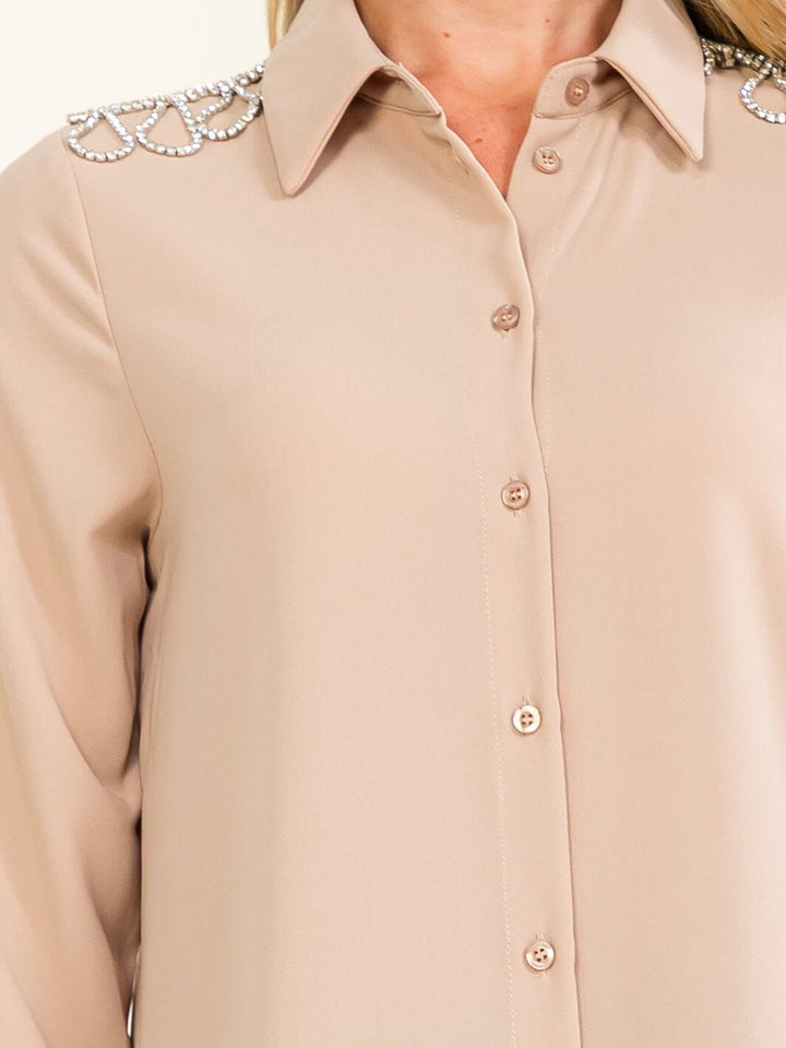 WOMEN'S LONG SLEEVE BUTTON UP STUDS SHOULDER DETAILED BLOUSE