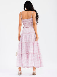 WOMEN'S SMOCK CROP TOP & ELASTIC WAIST MAXI SKIRT TIERED PLAID 2PC. SET