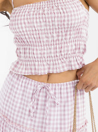 WOMEN'S SMOCK CROP TOP & ELASTIC WAIST MAXI SKIRT TIERED PLAID 2PC. SET