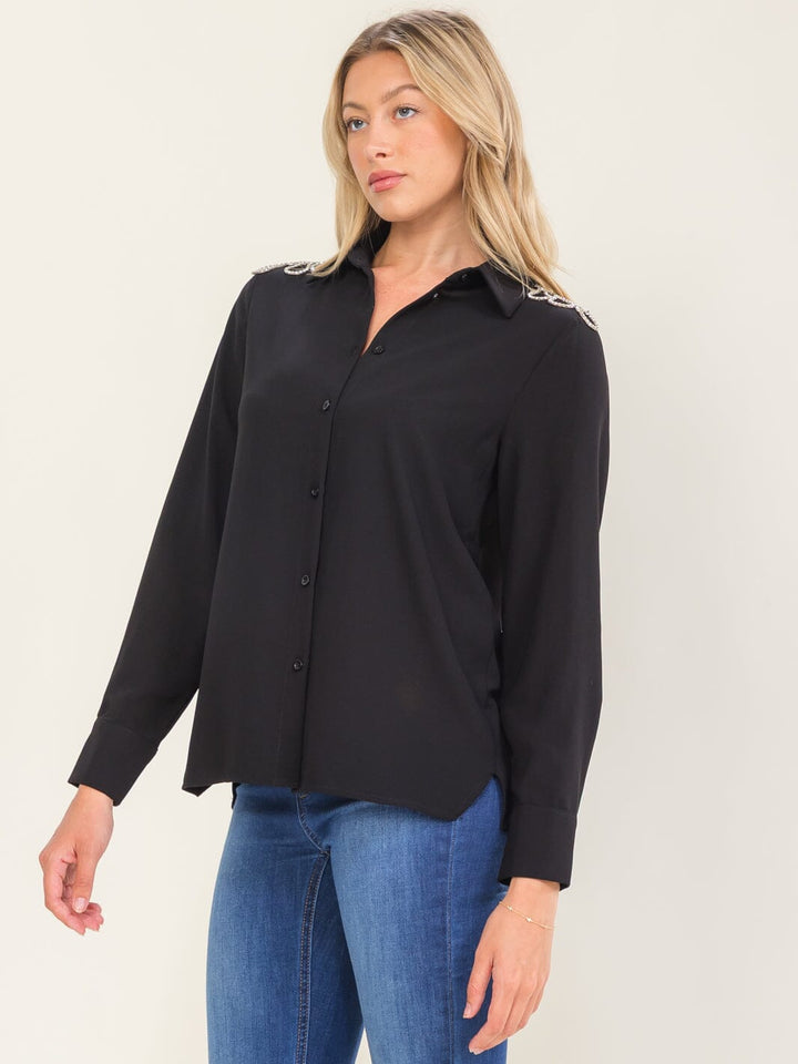WOMEN'S LONG SLEEVE BUTTON UP STUDS SHOULDER DETAILED BLOUSE