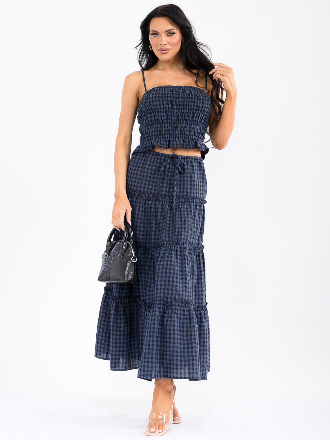 WOMEN'S SMOCK CROP TOP & ELASTIC WAIST MAXI SKIRT TIERED PLAID 2PC. SET