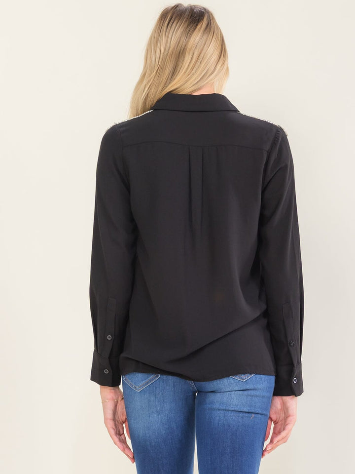 WOMEN'S LONG SLEEVE BUTTON UP STUDS SHOULDER DETAILED BLOUSE