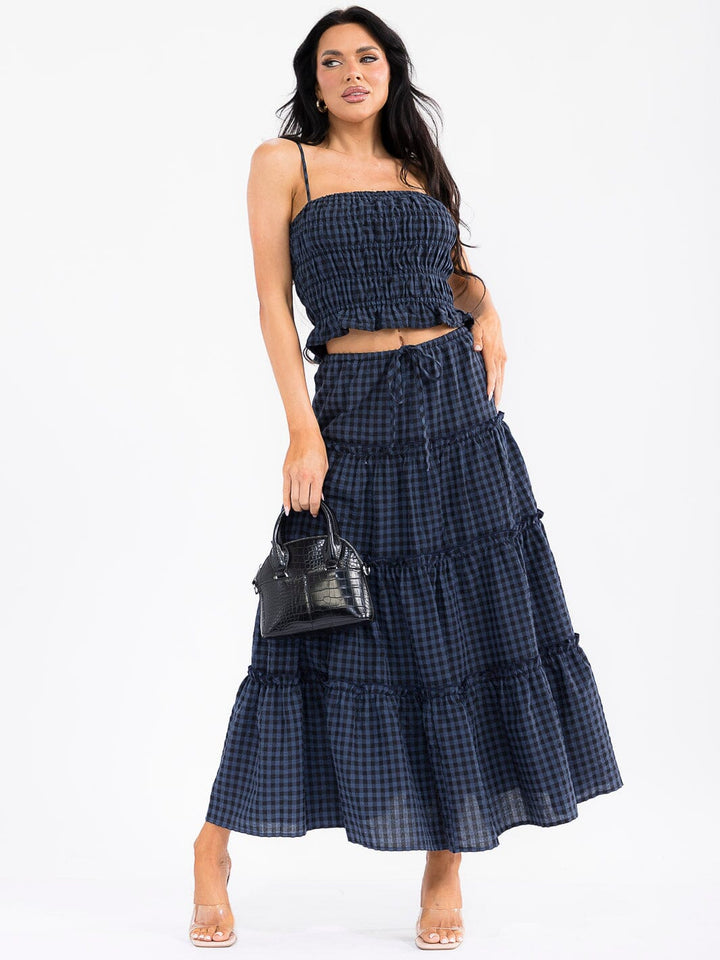 WOMEN'S SMOCK CROP TOP & ELASTIC WAIST MAXI SKIRT TIERED PLAID 2PC. SET