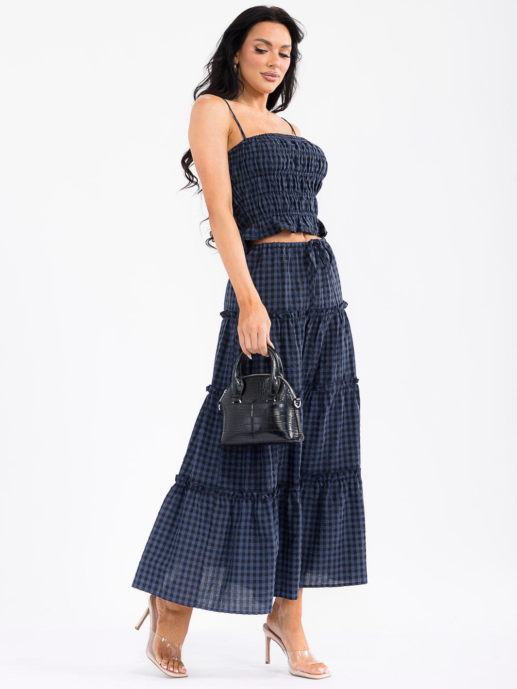 WOMEN'S SMOCK CROP TOP & ELASTIC WAIST MAXI SKIRT TIERED PLAID 2PC. SET