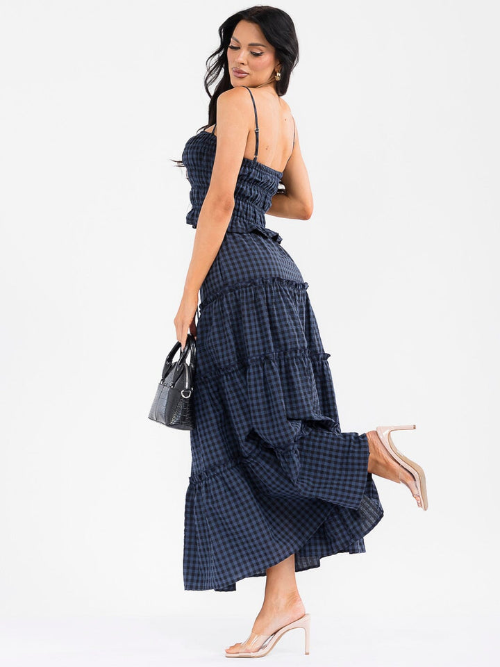 WOMEN'S SMOCK CROP TOP & ELASTIC WAIST MAXI SKIRT TIERED PLAID 2PC. SET