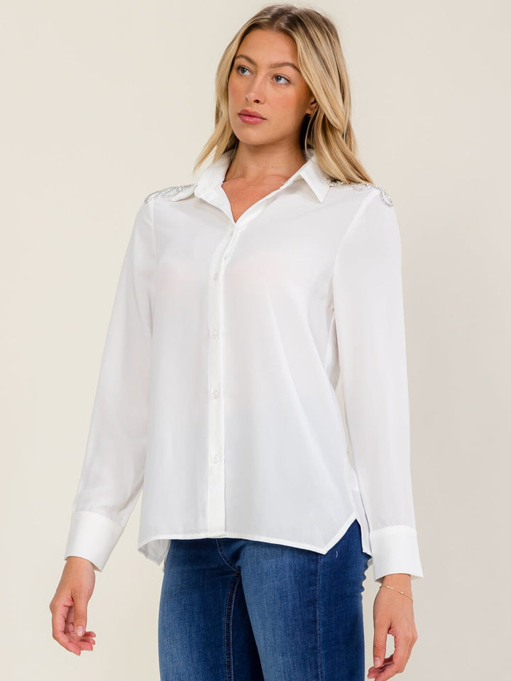 WOMEN'S LONG SLEEVE BUTTON UP STUDS SHOULDER DETAILED BLOUSE