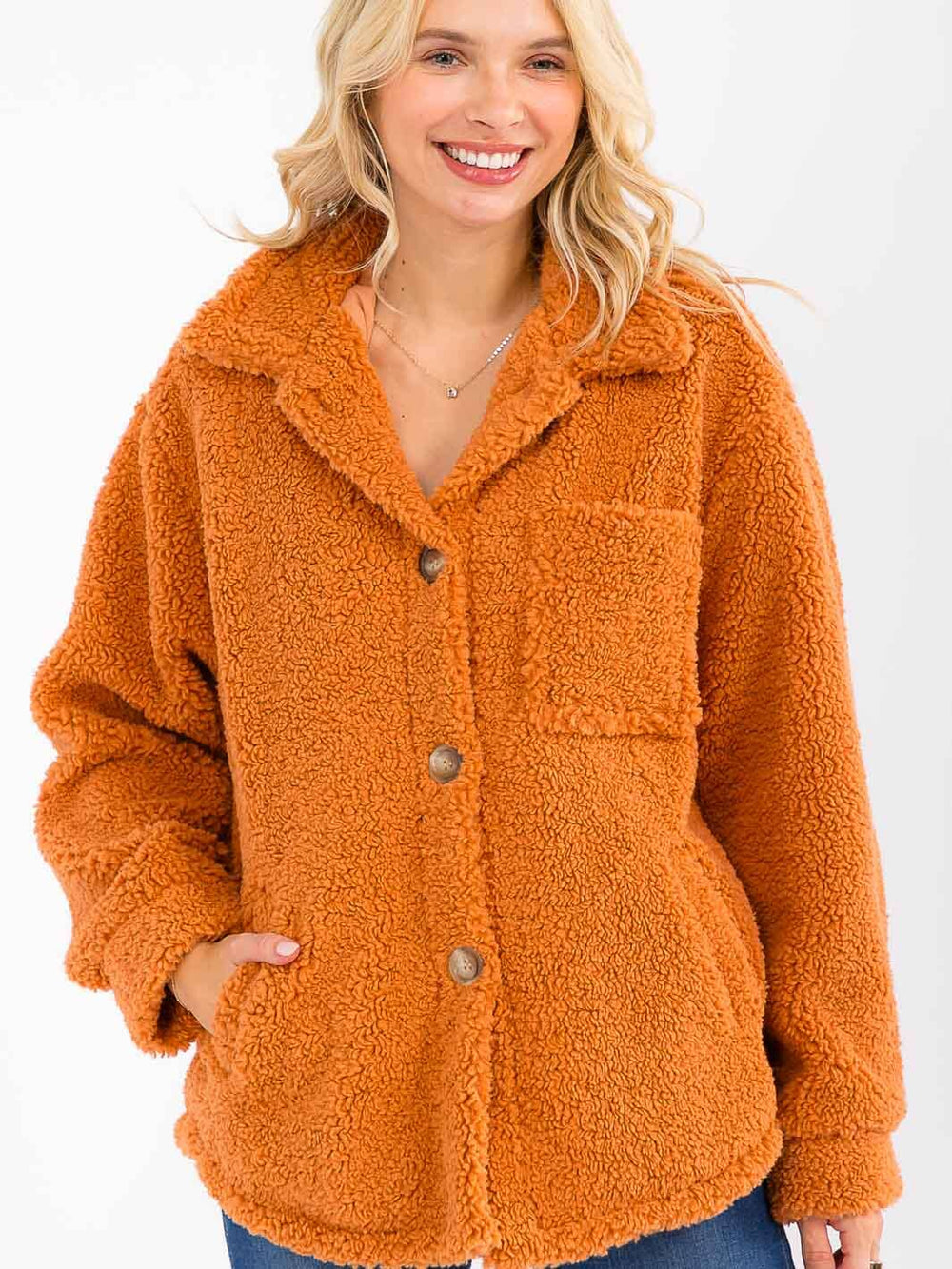 WOMEN'S LONG SLEEVE BUTTON CLOSURE POCKETS SHERPA JACKET