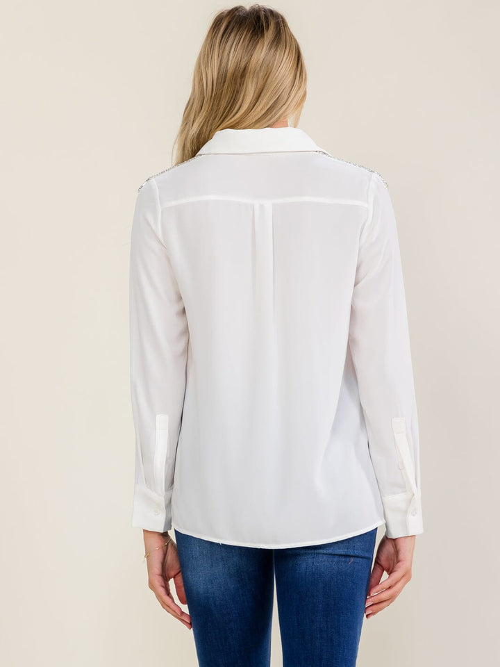 WOMEN'S LONG SLEEVE BUTTON UP STUDS SHOULDER DETAILED BLOUSE