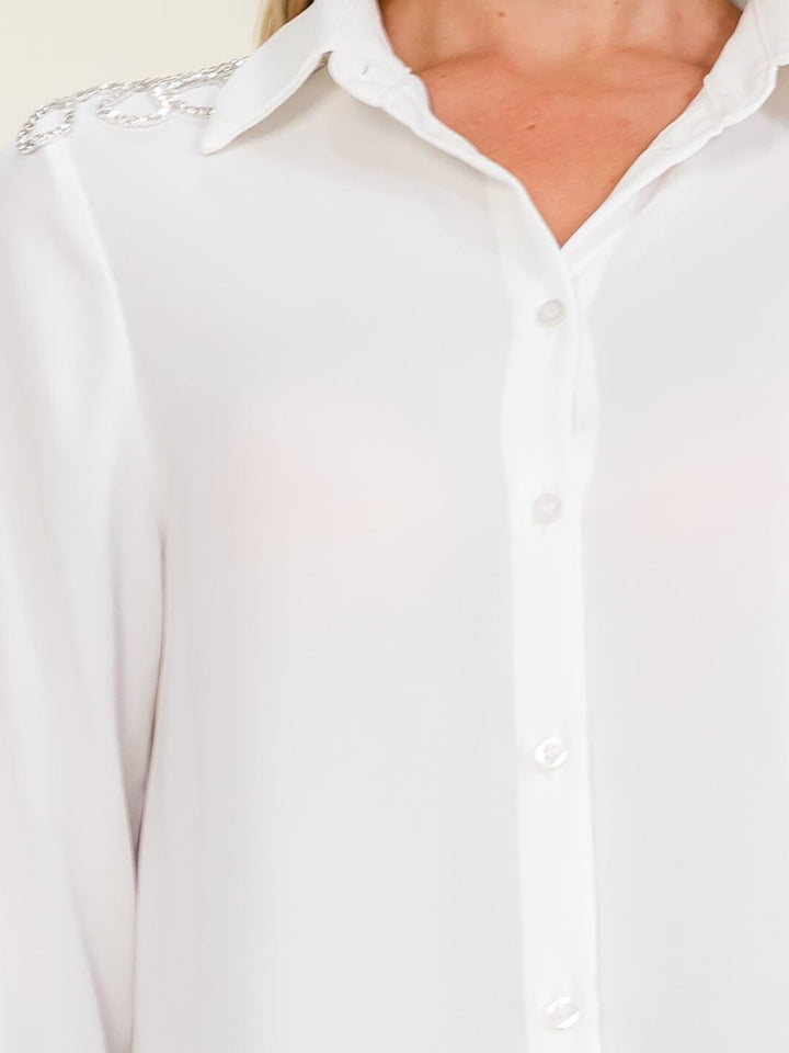 WOMEN'S LONG SLEEVE BUTTON UP STUDS SHOULDER DETAILED BLOUSE