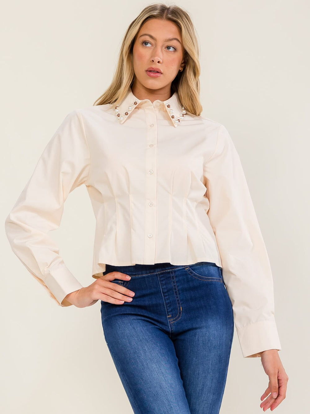 WOMEN'S LONG SLEEVE BUTTON UP STUDS COLLAR BLOUSE