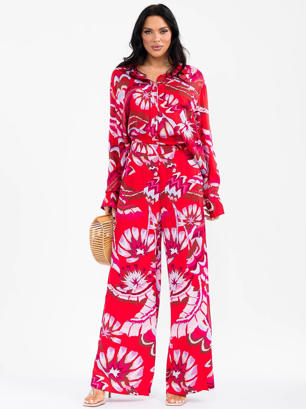 WOMEN'S ELASTIC WAIST FRONT POCKETS MULTI PRINT WIDE LEG PALAZZO PANTS