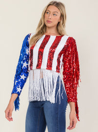 WOMEN'S LONG SLEEVE AMERICAN FLAG FRINGE SEQUINS TOP