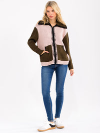WOMEN'S LONG SLEEVE ZIP UP FRONT POCKETS COLORBLOCK CARDIGAN