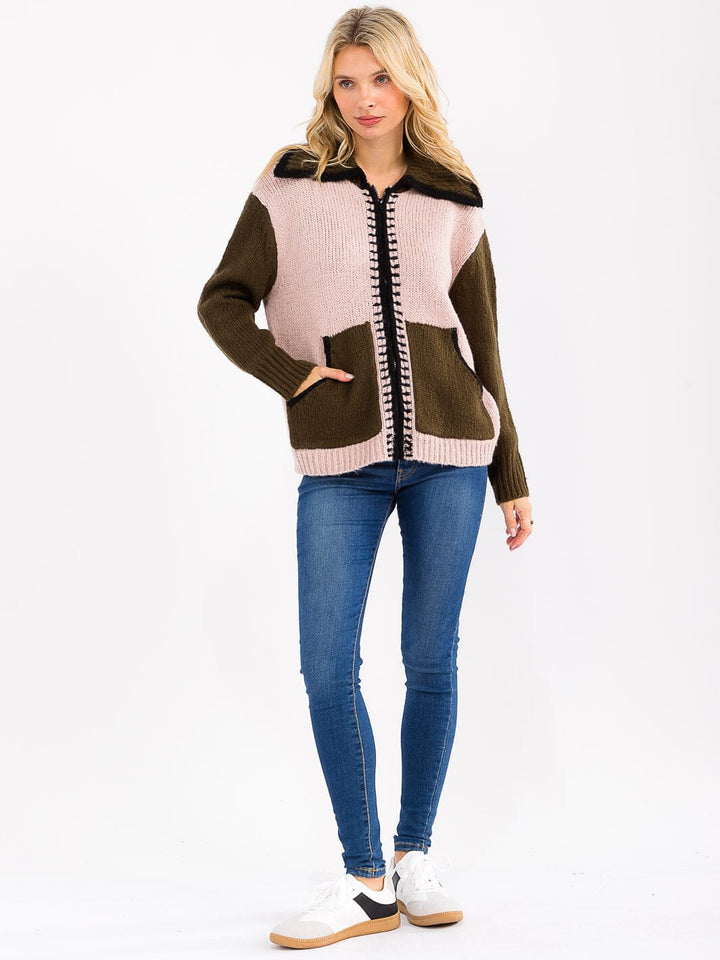 WOMEN'S LONG SLEEVE ZIP UP FRONT POCKETS COLORBLOCK CARDIGAN