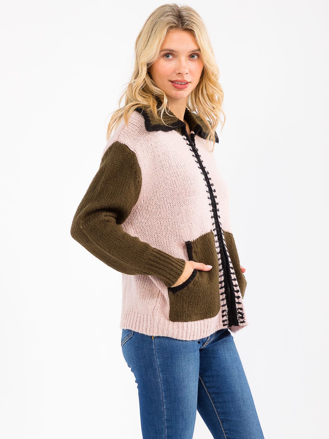 WOMEN'S LONG SLEEVE ZIP UP FRONT POCKETS COLORBLOCK CARDIGAN
