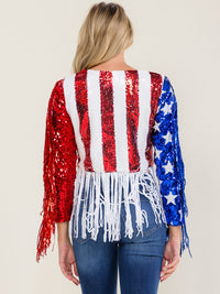WOMEN'S LONG SLEEVE AMERICAN FLAG FRINGE SEQUINS TOP