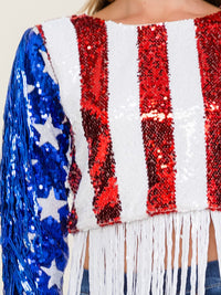 WOMEN'S LONG SLEEVE AMERICAN FLAG FRINGE SEQUINS TOP