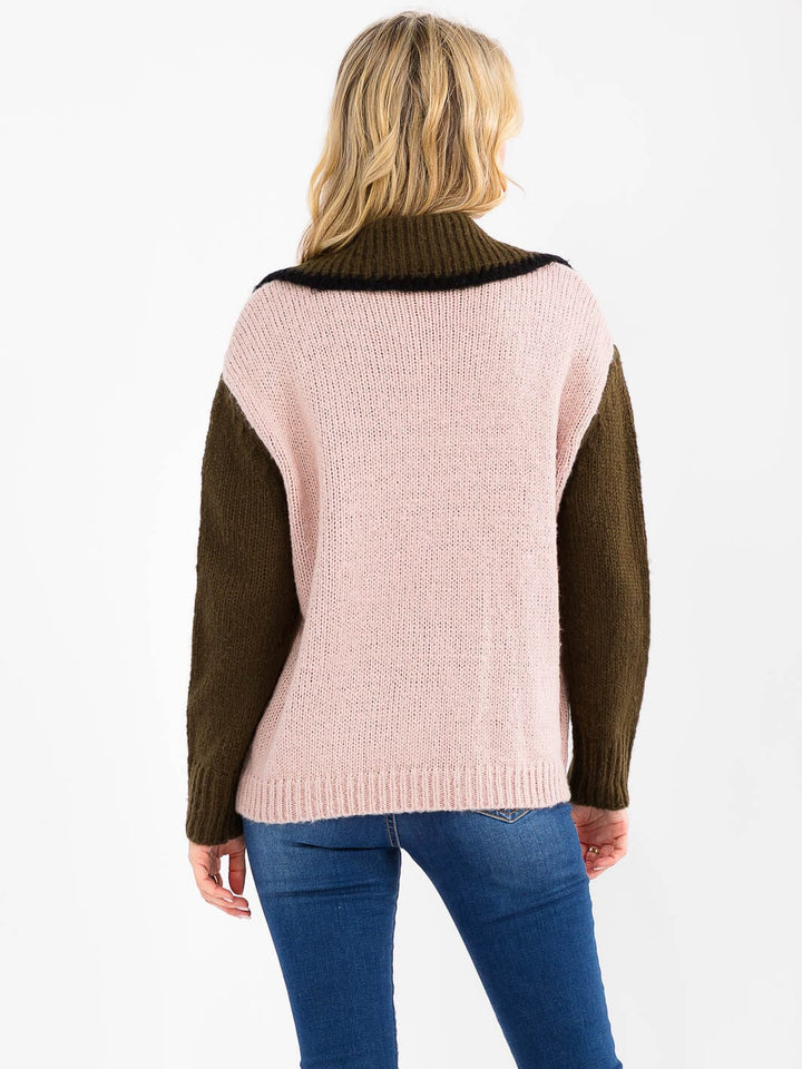 WOMEN'S LONG SLEEVE ZIP UP FRONT POCKETS COLORBLOCK CARDIGAN