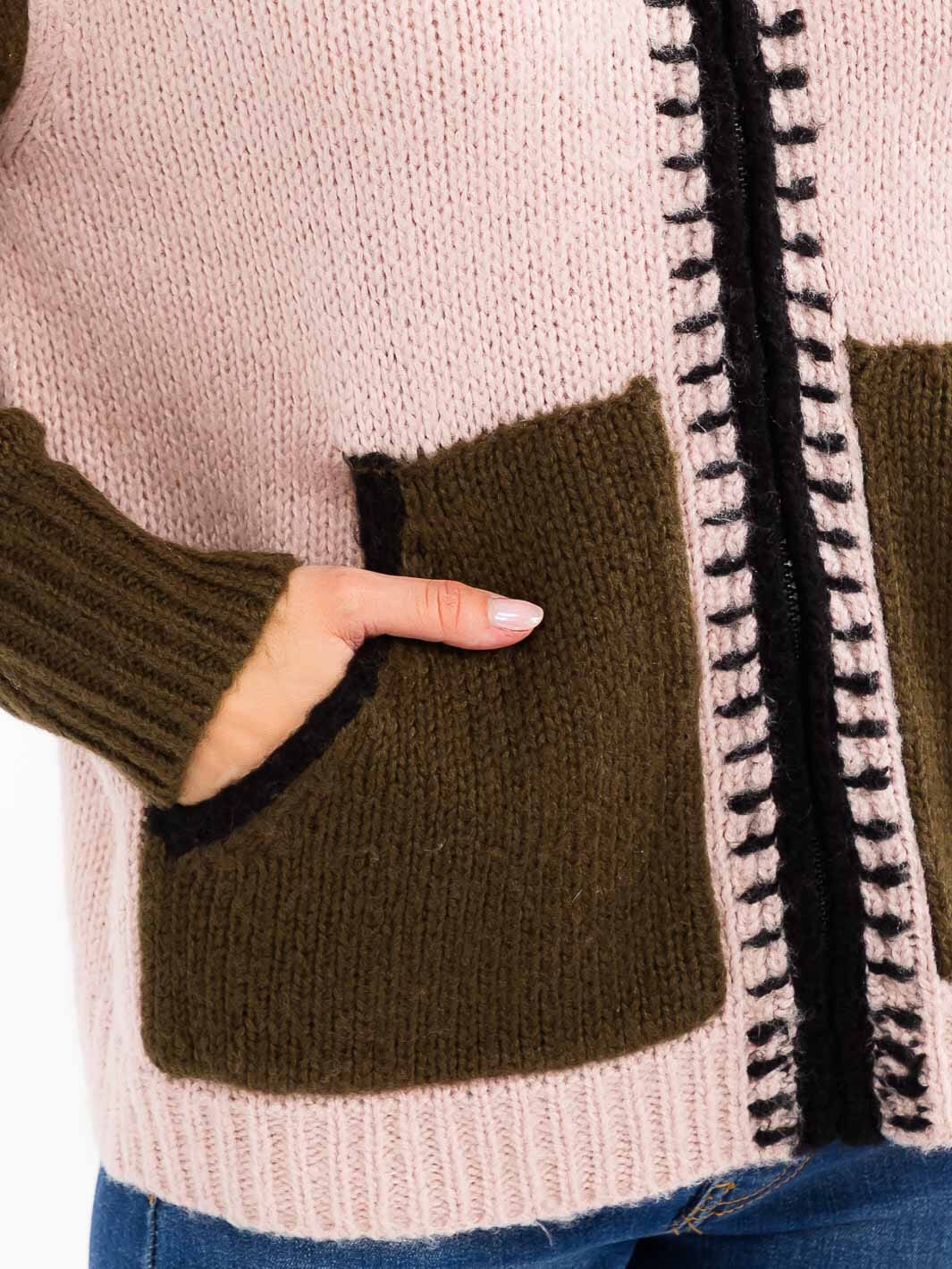 WOMEN'S LONG SLEEVE ZIP UP FRONT POCKETS COLORBLOCK CARDIGAN