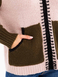 WOMEN'S LONG SLEEVE ZIP UP FRONT POCKETS COLORBLOCK CARDIGAN