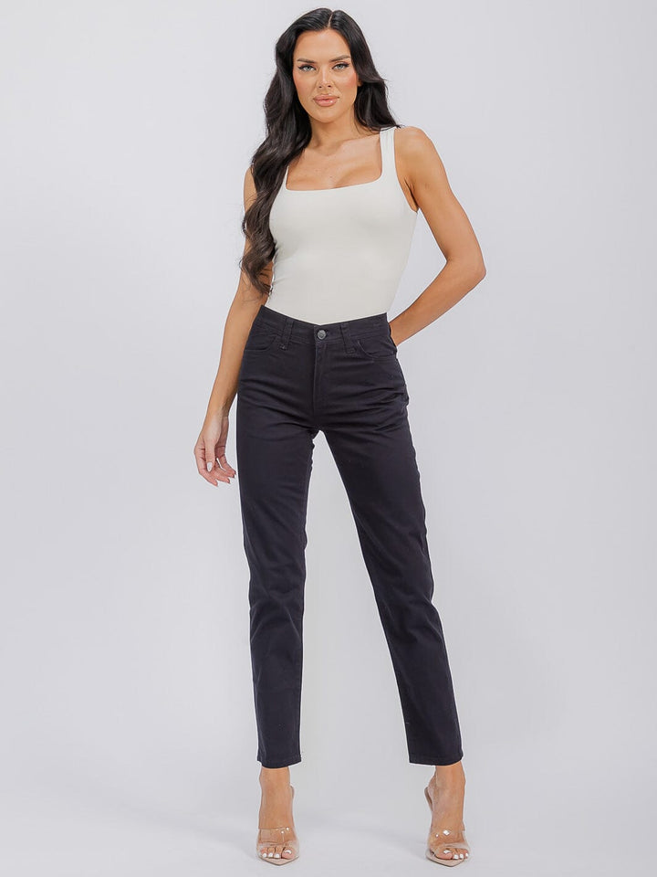 WOMEN'S BUTTON CLOSURE POCKETS WIDE LEG DENIM PANTS