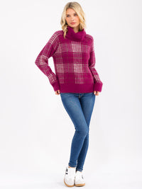 WOMEN'S LONG SLEEVE TURTLE NECK PLAID PULLOVER SWEATER