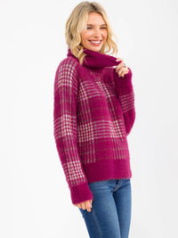 WOMEN'S LONG SLEEVE TURTLE NECK PLAID PULLOVER SWEATER