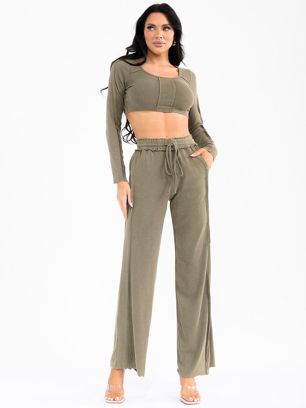 WOMEN'S LONG SLEEVE CROP TOP & ELASTIC WAIST PANTS WASHED 2PC. SET
