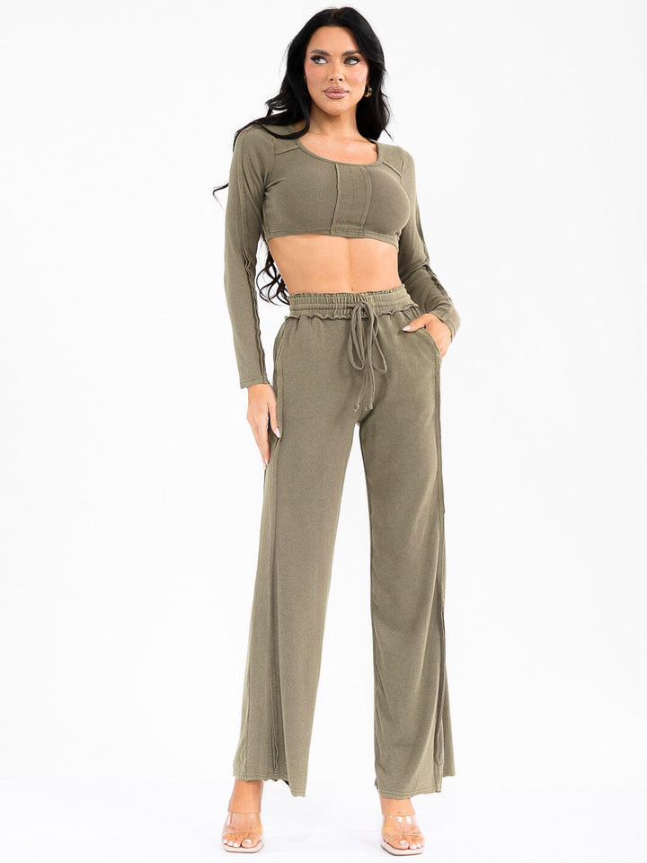 WOMEN'S LONG SLEEVE CROP TOP & ELASTIC WAIST PANTS WASHED 2PC. SET