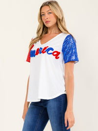 WOMEN'S SHORT SLEEVE V-NECK AMERICAN SEQUINS TOP