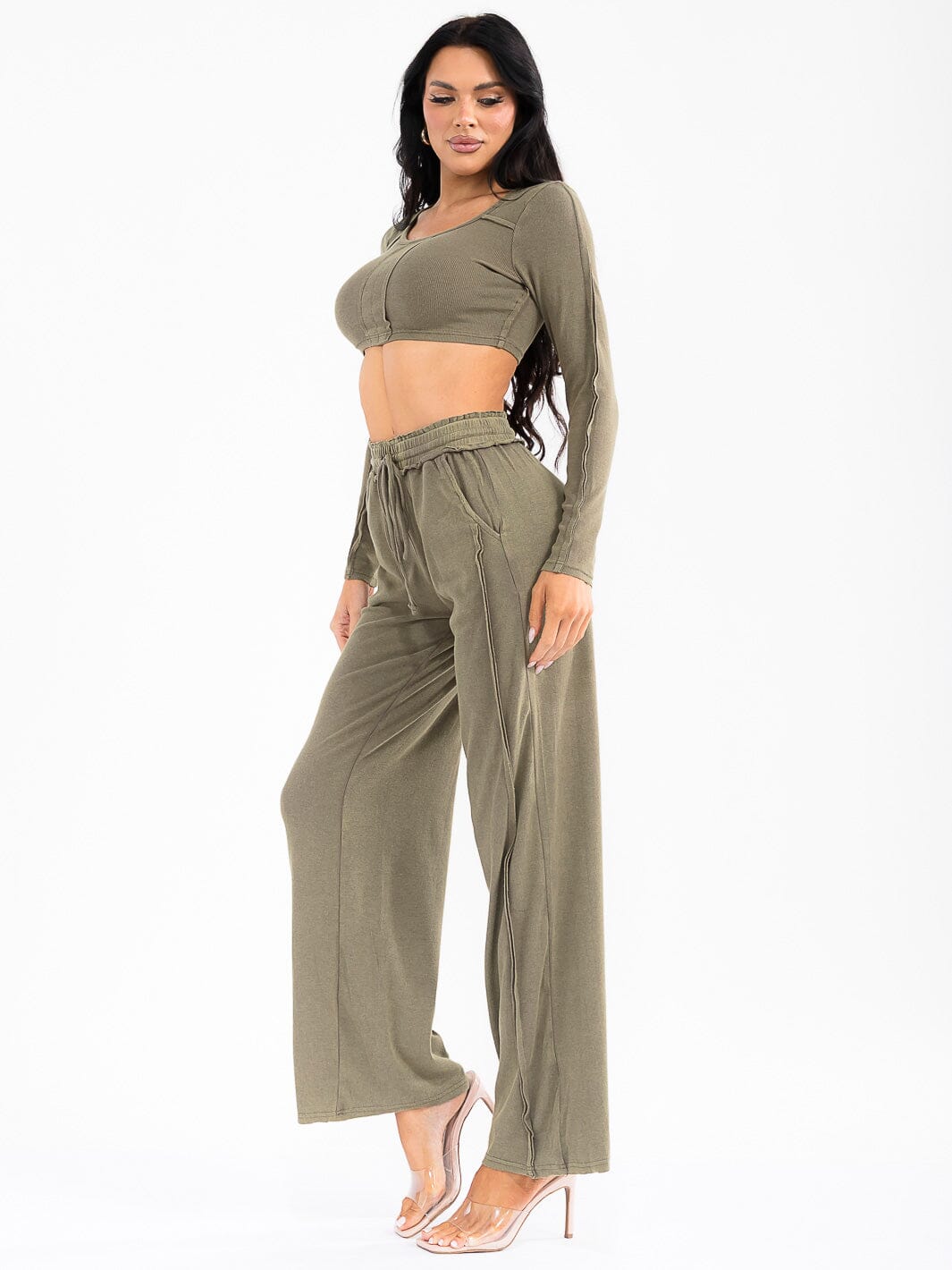 WOMEN'S LONG SLEEVE CROP TOP & ELASTIC WAIST PANTS WASHED 2PC. SET