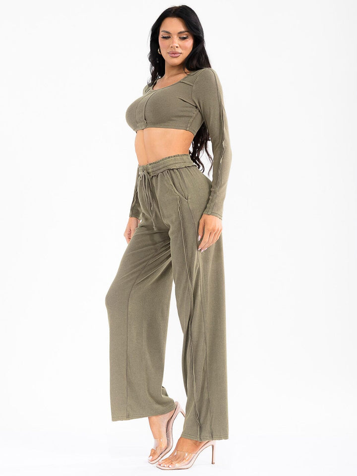 WOMEN'S LONG SLEEVE CROP TOP & ELASTIC WAIST PANTS WASHED 2PC. SET