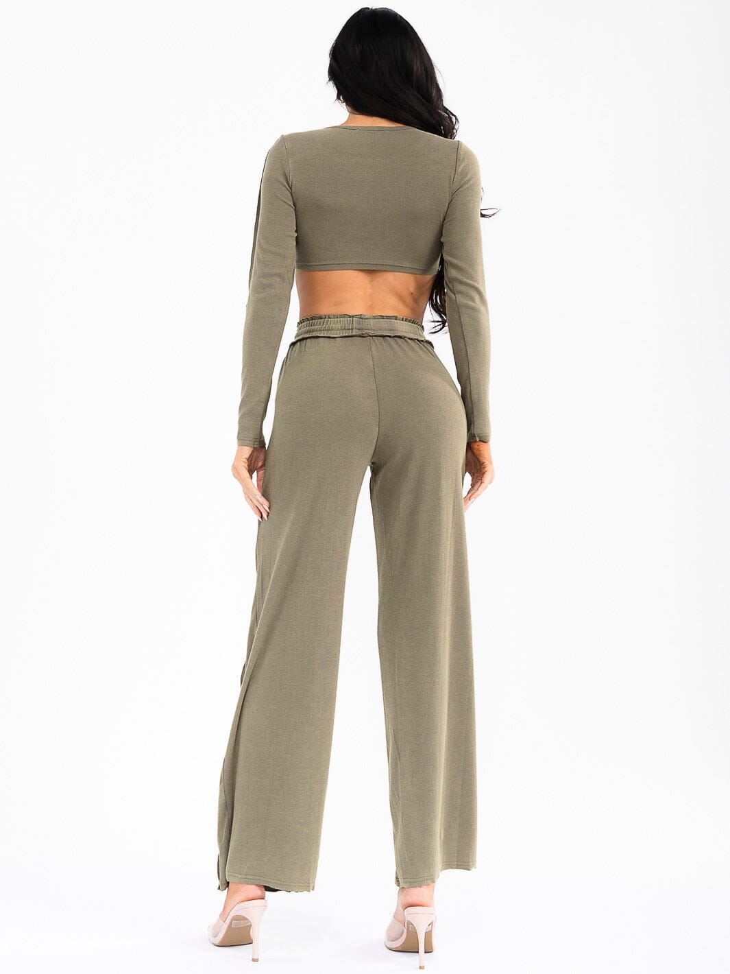 WOMEN'S LONG SLEEVE CROP TOP & ELASTIC WAIST PANTS WASHED 2PC. SET